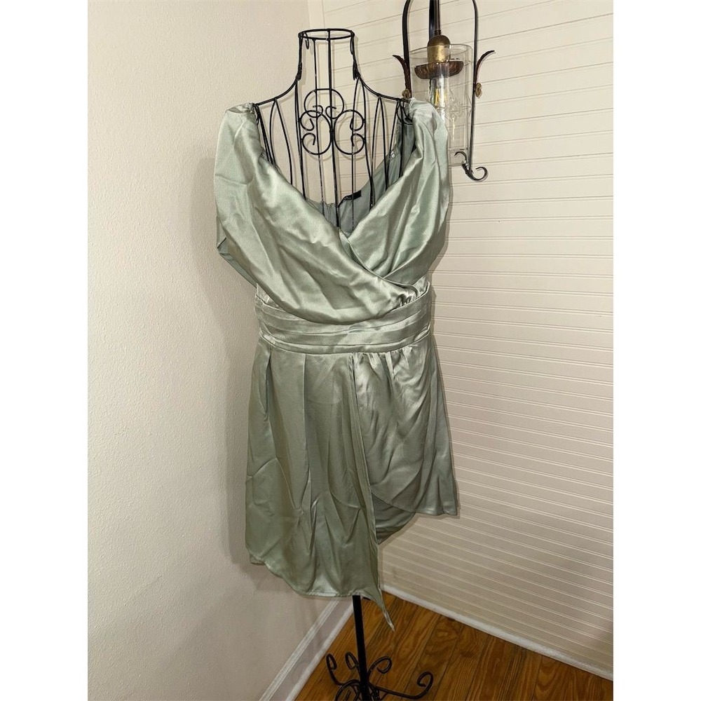 Lulus Off Shoulder Mini Dress Sage Green L Party Cocktail satin wedding guest